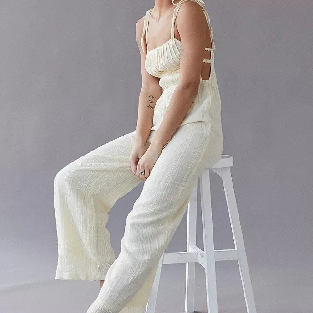 Urban Outfitters Courtney Cream Gauze Cutouts Wide Leg Boho Jumpsuit S